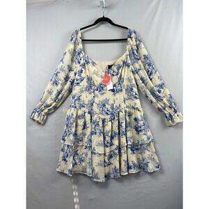 Cider Toile de Jouy Dress Womens 1XL Babydoll Milkmaid Blue Cream Tiered Ruffle